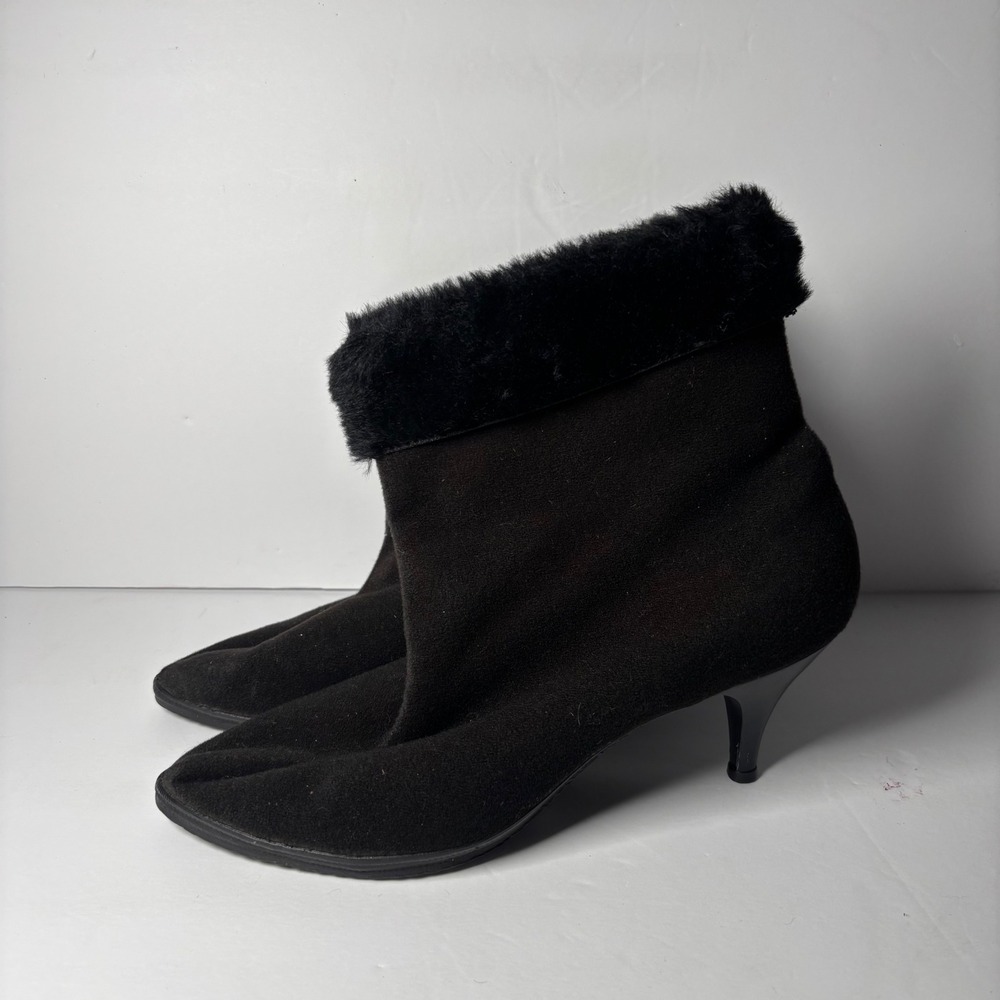 Winterset Fur Trimmed Suede Ankle Boots‎ Women's Black Kitten Heel Size 7.5